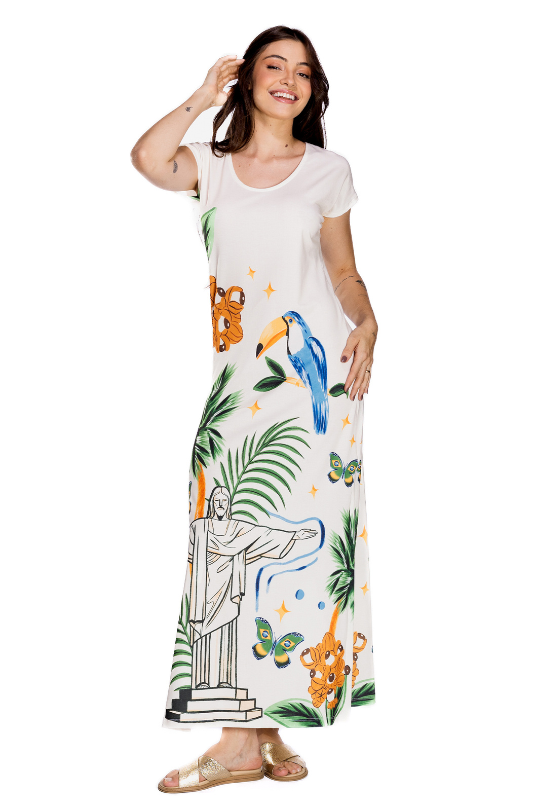 Vestido Feminino Jeri Longo New Estampado Elementos Brasil Aquarela Vestido Feminino Jeri Longo New Estampado Elementos Brasil Aquarela