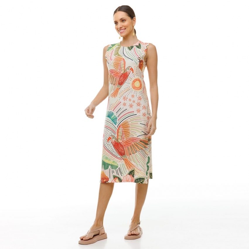 Vestido Estampado Clássico Midi Bordados Araras Vestido Estampado Clássico Midi Bordados Araras