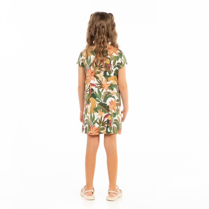 Vestido Floresta Infantil Onça Tucano Tropical Fundo Off