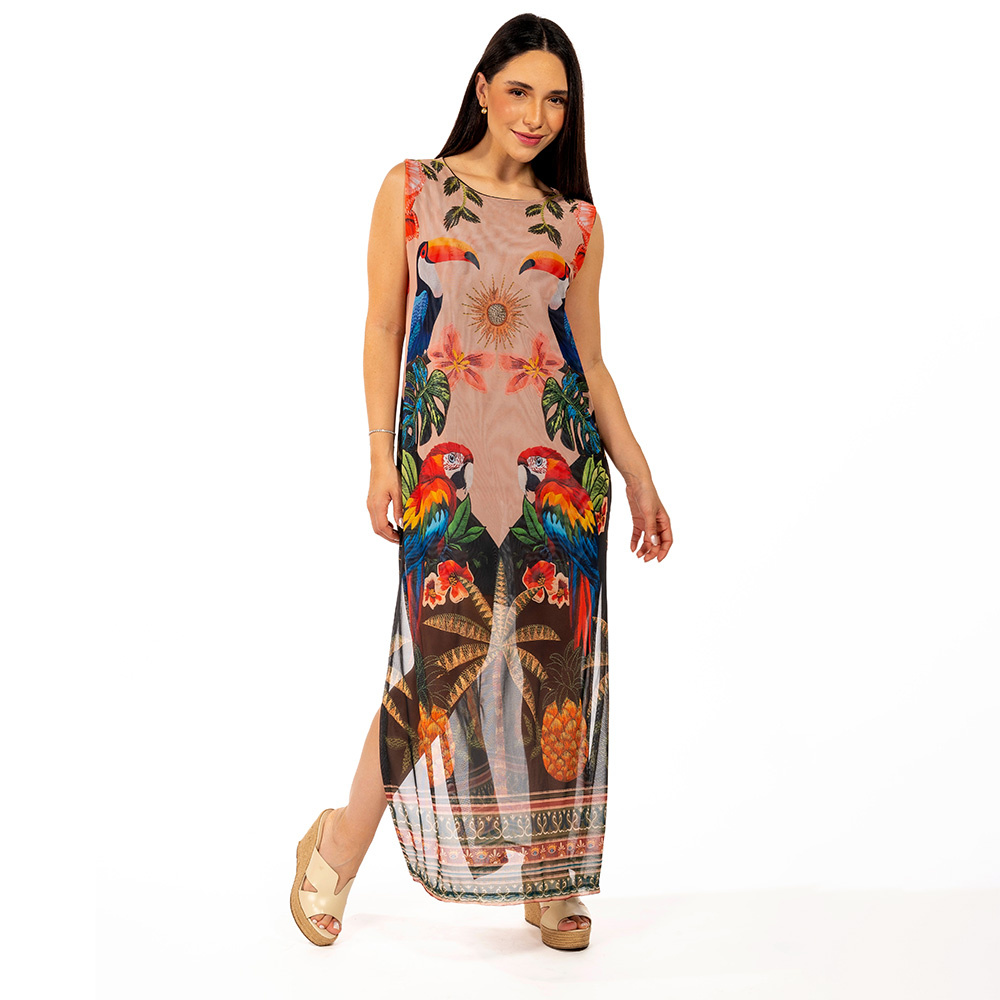Vestido Estampado Tule Maré Aves Tropicais Barrado Vestido Estampado Tule Maré Aves Tropicais Barrado