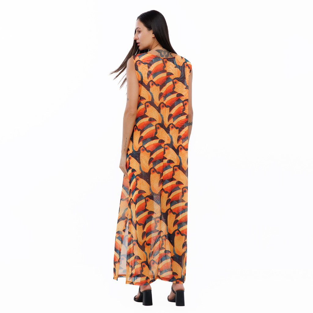 Vestido Feminino Tule Maré Estampado Tucanos Tela Bordada