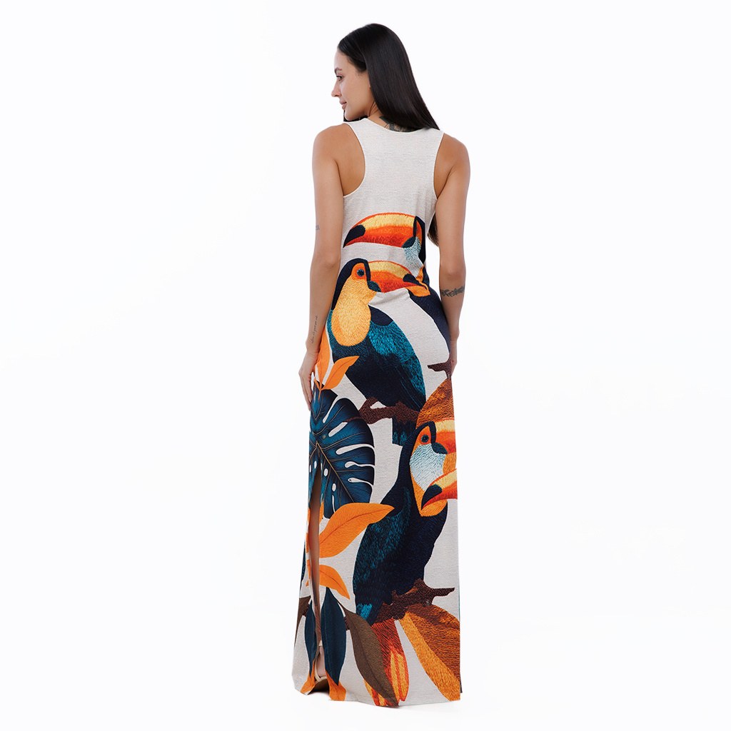 Vestido Feminino Hortência Estampado Tucanos Tela Bordada
