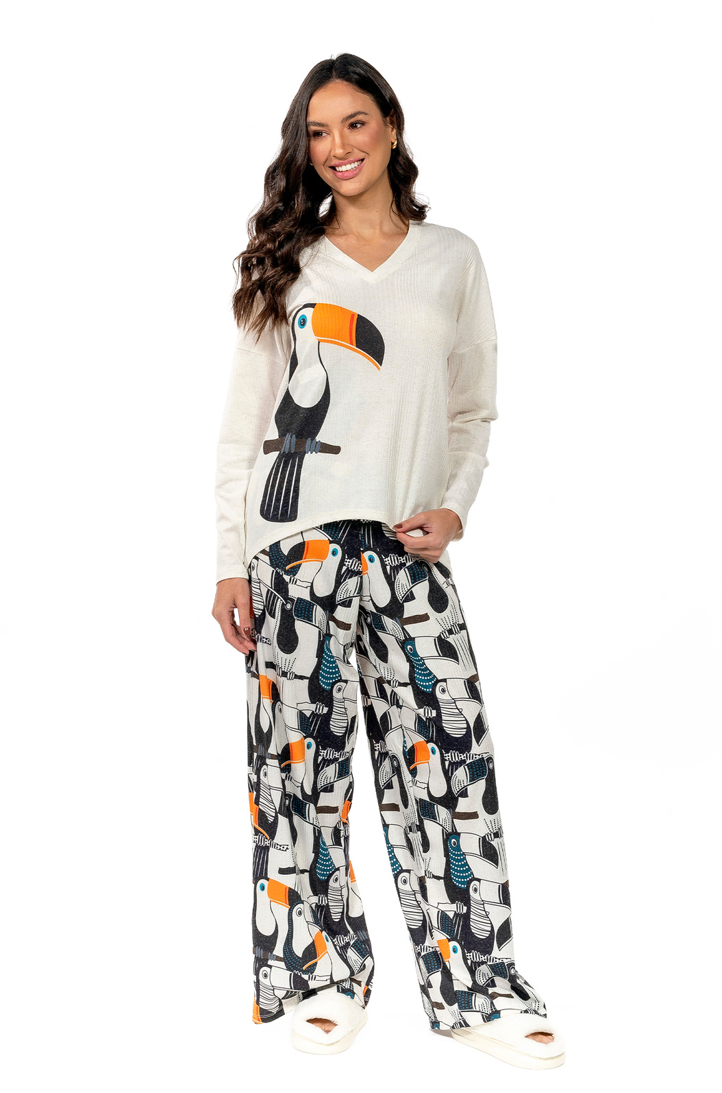 Pijama Feminino Manga Longa Canelado Estampado Tucano Vetor Pontos