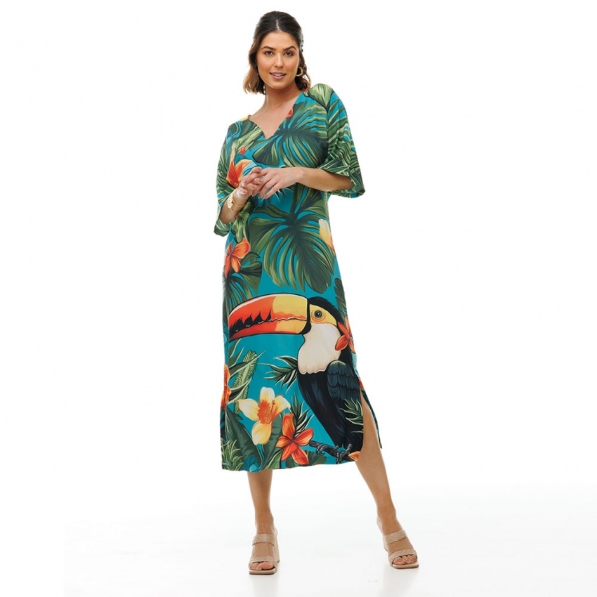 Kaftan Atena Tucano e Flores Turquesa Kaftan Atena Tucano e Flores Turquesa