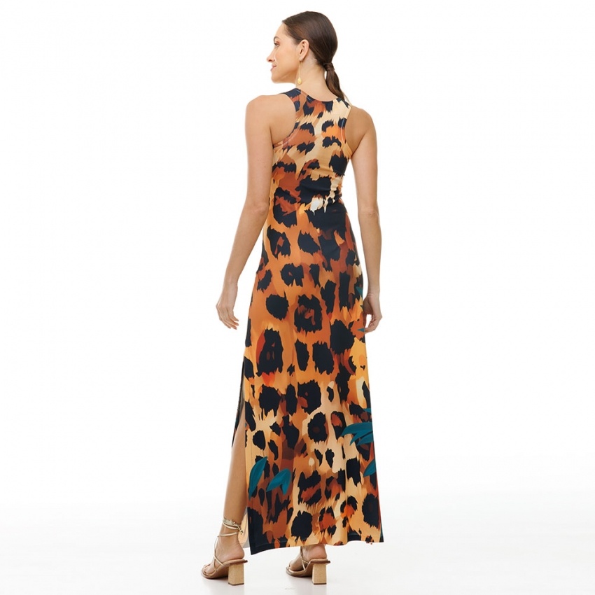 Vestido Hortência Rosto Onça Folhagem Sépia