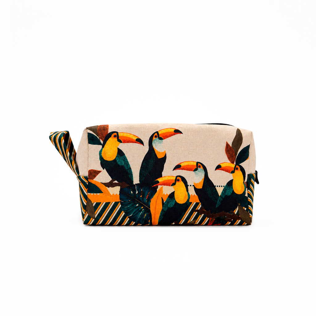 Necessaire Feminina Média Estampada Tucanos Tela Bordada