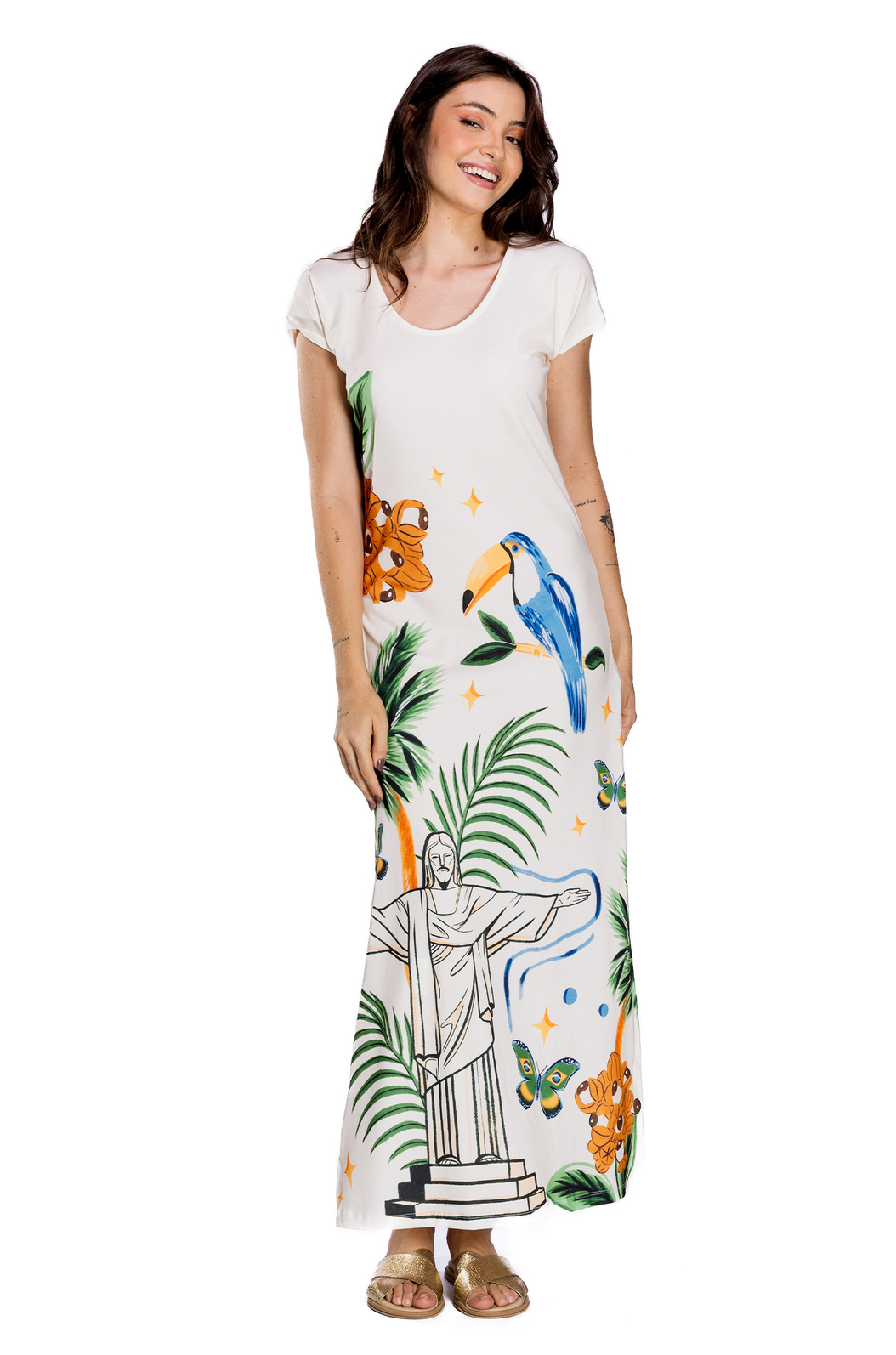 Vestido Feminino Jeri Longo New Estampado Elementos Brasil Aquarela Vestido Feminino Jeri Longo New Estampado Elementos Brasil Aquarela