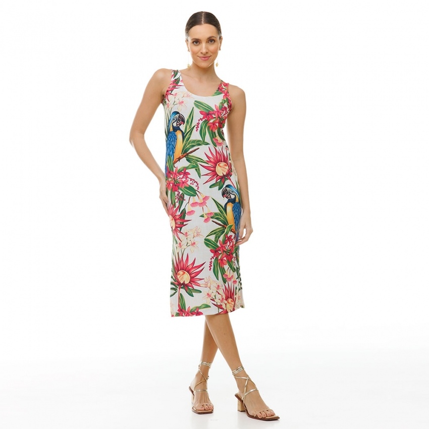 Vestido Canelado Midi Canindé com Flores Pink