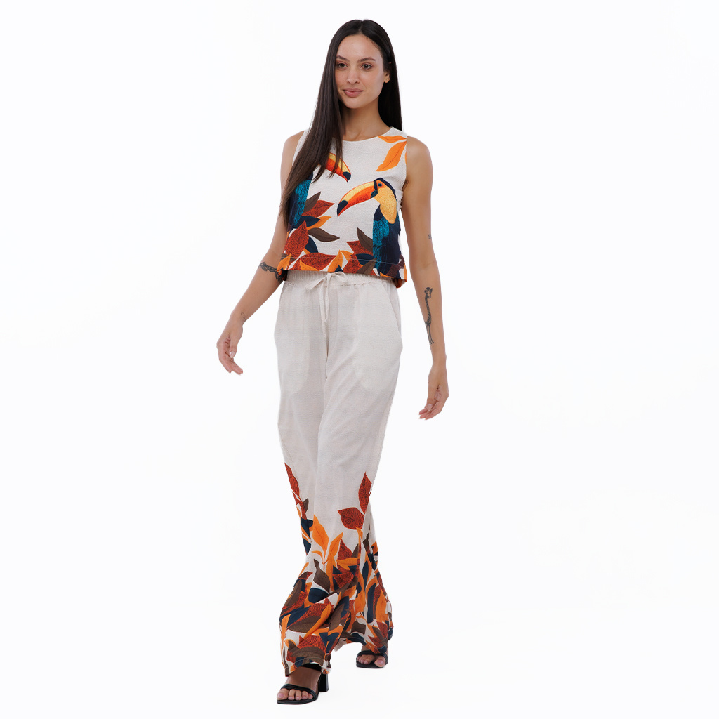 Calça Feminina Ampla Atena Estampada Tucanos Tela Bordada