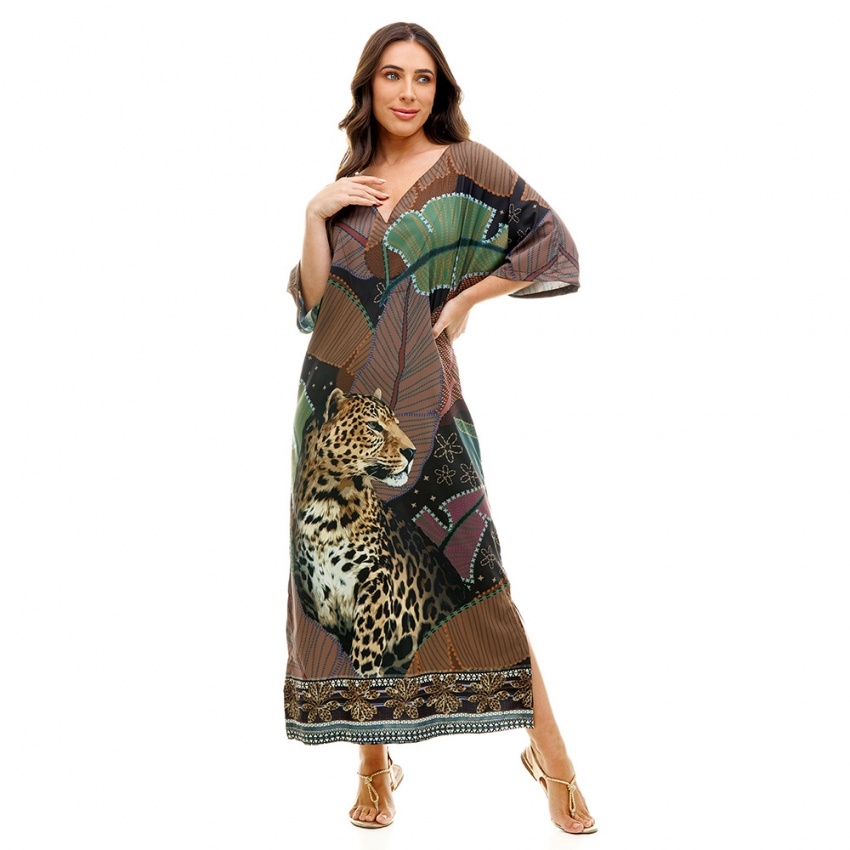 Kaftan Atena Maxi Onça com Folhas Coloridas e Barrado