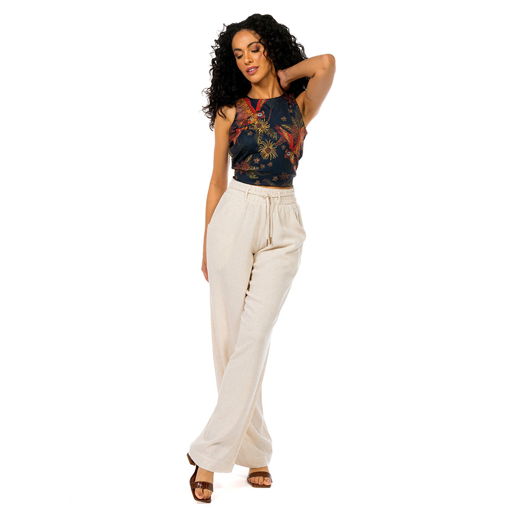 Top Canelado Arara Flor Bordado Off