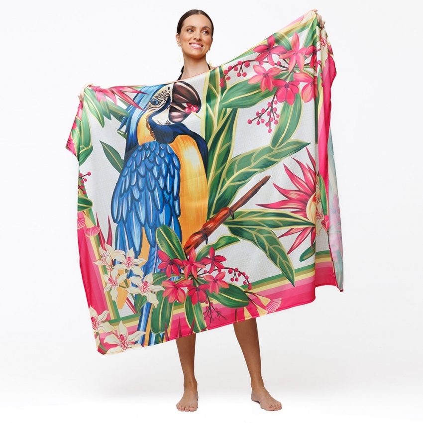 Canga Retangular Canindé com Flores Pink e Fundo Linho