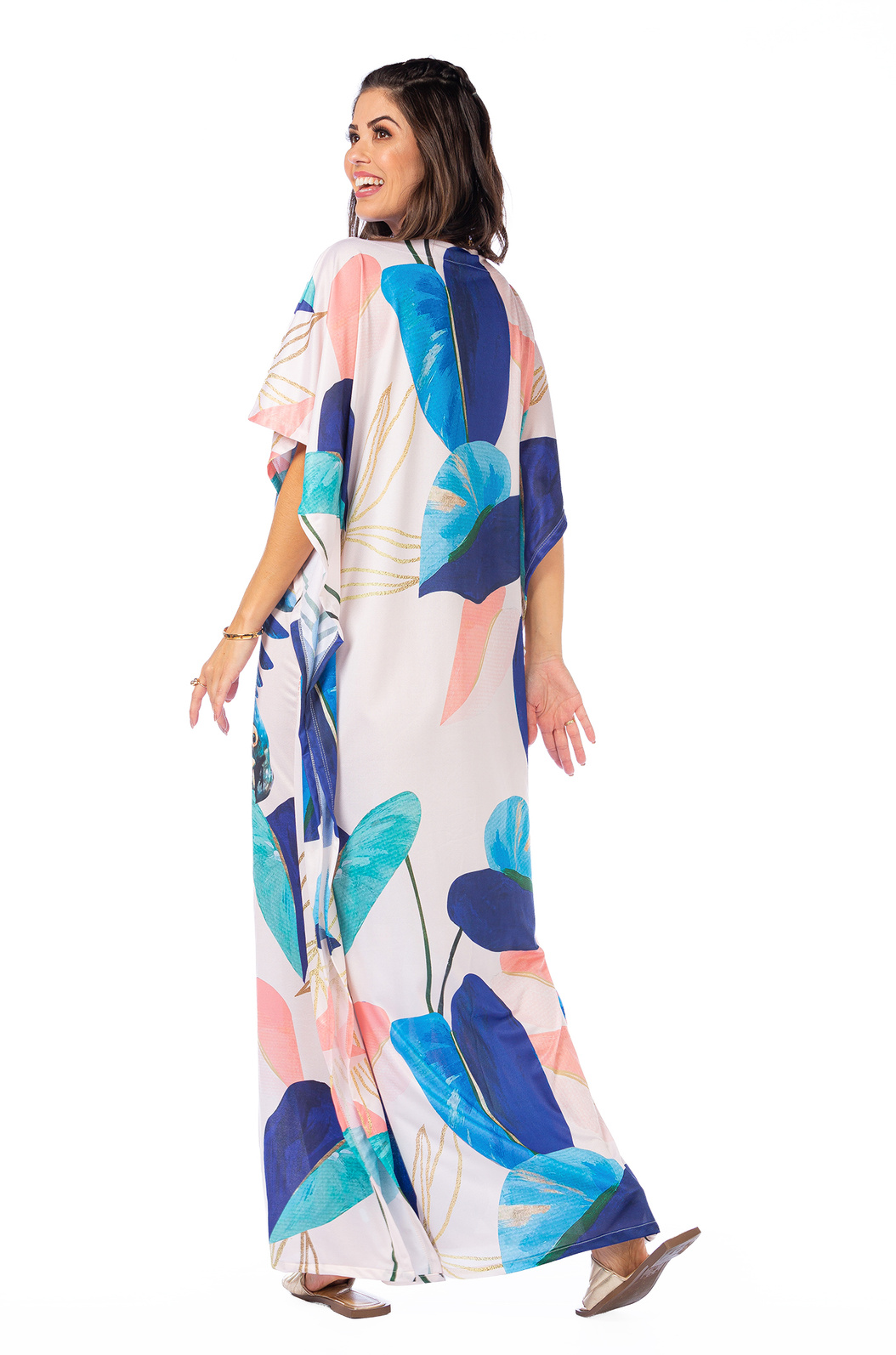 Vestido Feminino Kaftan Hibisco Estampado Arara Azul Voando de Cost Vestido Feminino Kaftan Hibisco Estampado Arara Azul Voando de Cost