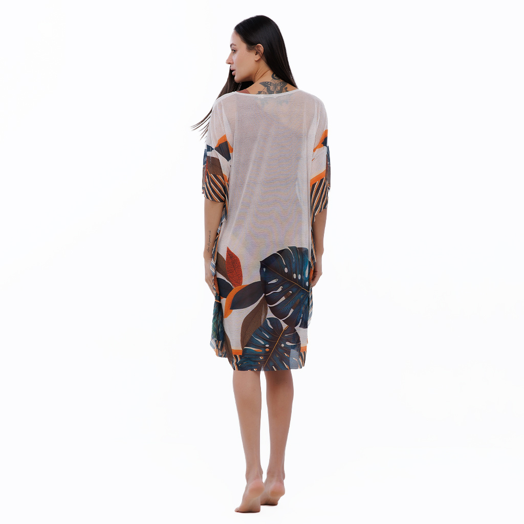 Saída de Praia Feminina Kaftan Tule Maré Estampada Tucanos Tela Bordada