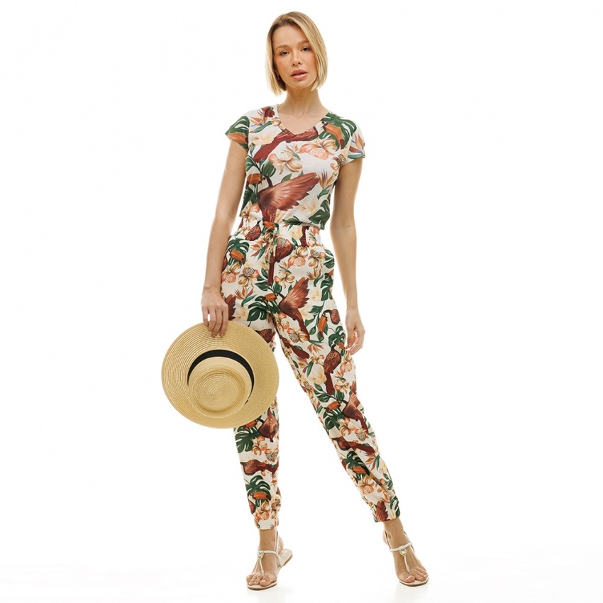 Calça Jogger com Bolso Tucano Marrom Flores e Fundo Off