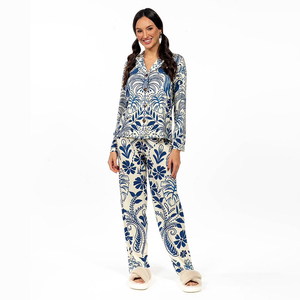 Conjunto Pijama Americano Longo Adulto Araras Bordado Fundo Off Conjunto Pijama Americano Longo Adulto Araras Bordado Fundo Off