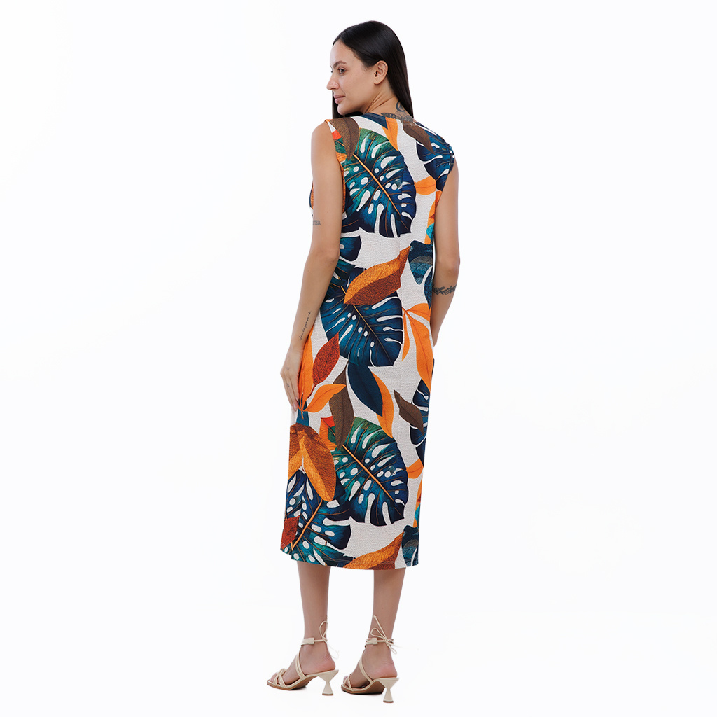 Vestido Feminino Clássico Midi Estampado Tucanos Tela Bordada