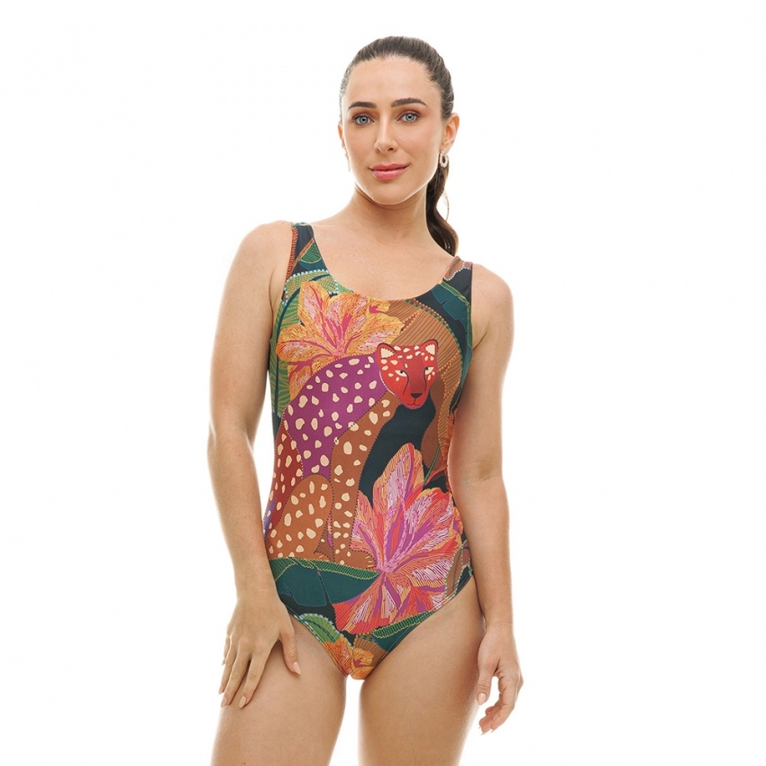 Body Regata Onça Desenhada Preto Folhagens Color