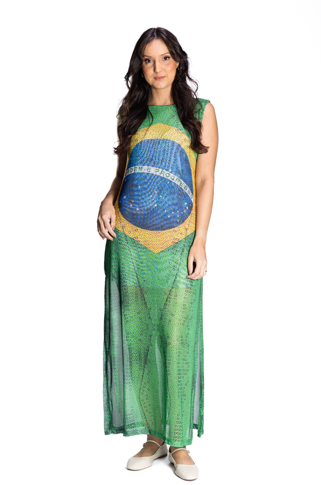 Vestido Feminino Tule Maré Estampado Bandeira Lantejoulas Vestido Feminino Tule Maré Estampado Bandeira Lantejoulas