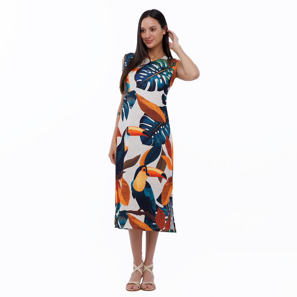Vestido Feminino Clássico Midi Estampado Tucanos Tela Bordada