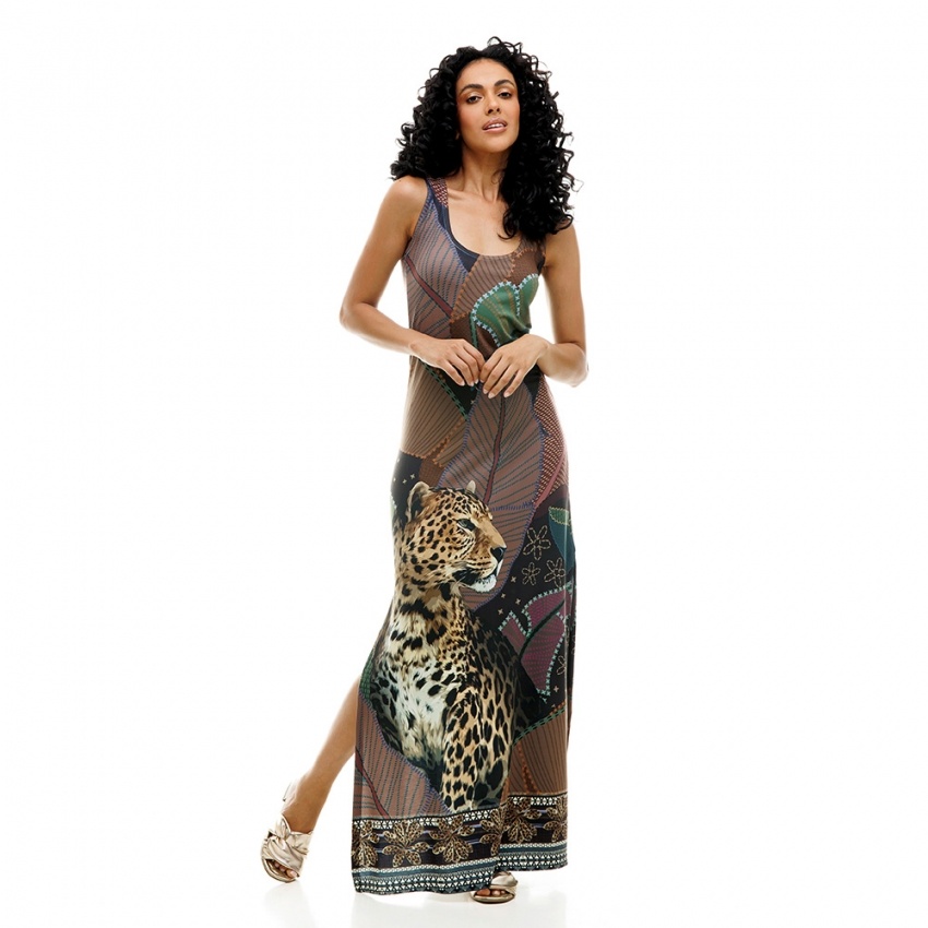 Vestido Hortência Maxi Onça com Folhas Coloridas e Barrado Vestido Hortência Maxi Onça com Folhas Coloridas e Barrado