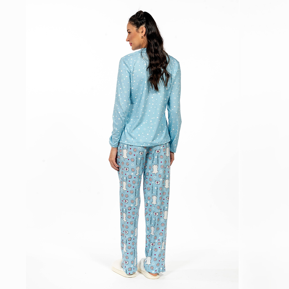 Conjunto Pijama Americano Longo Adulto Gato Escorregando
