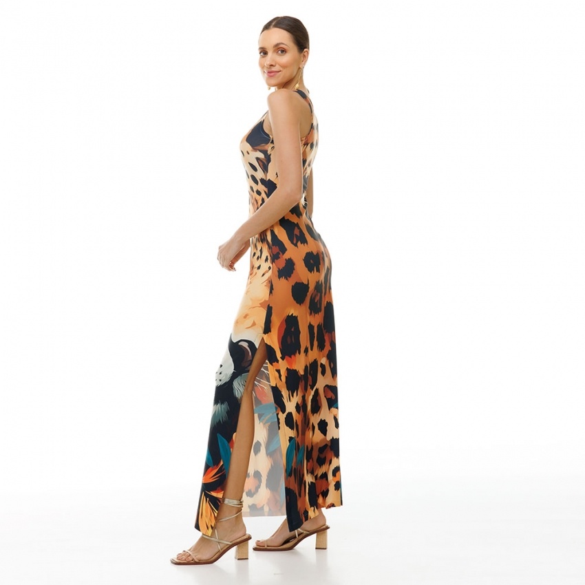 Vestido Hortência Rosto Onça Folhagem Sépia