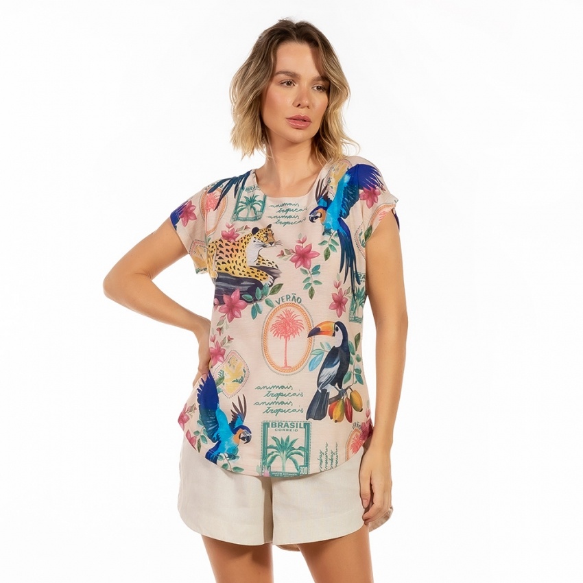 Blusa Jasmim Bichos Flores Verão Postal Blusa Jasmim Bichos Flores Verão Postal