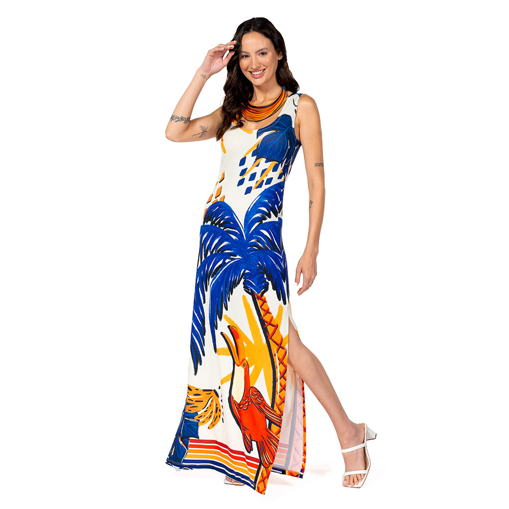 Vestido Hortência Bichos Tropical Vibes Azul