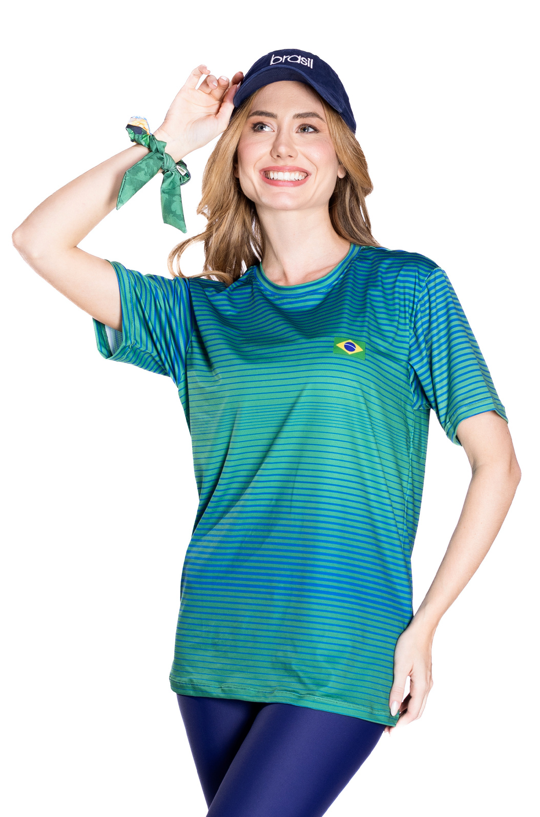 Camiseta Masculina Básica Unissex Technodry Estampada Brasil Listras Verde e Azul Camiseta Masculina Básica Unissex Technodry Estampada Brasil Listras Verde e Azul