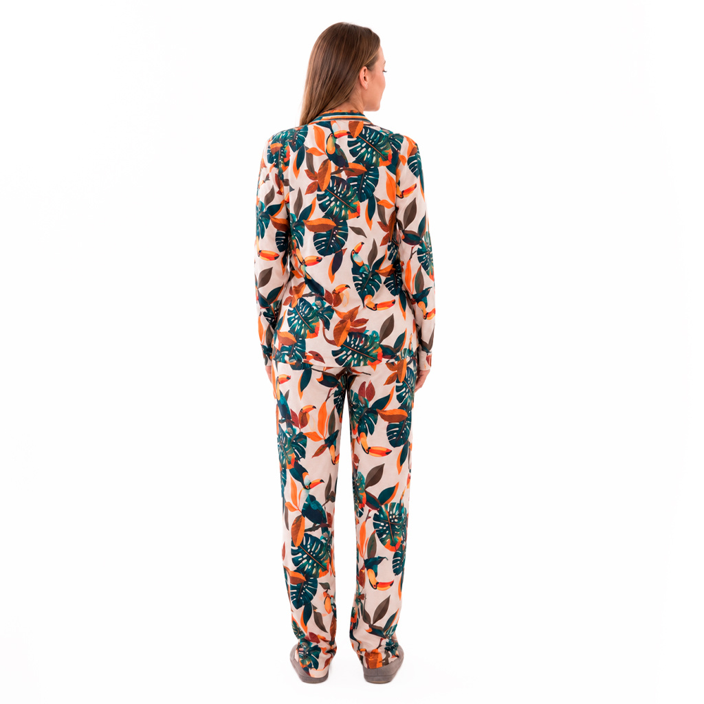 Pijama Feminino Manga Longa Americano Estampado Tucanos Tela Bordada