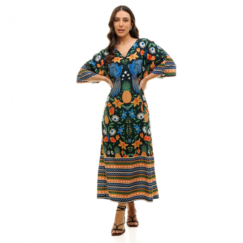 Kaftan Atena Dupla Araras com Flores e Frutas Kaftan Atena Dupla Araras com Flores e Frutas