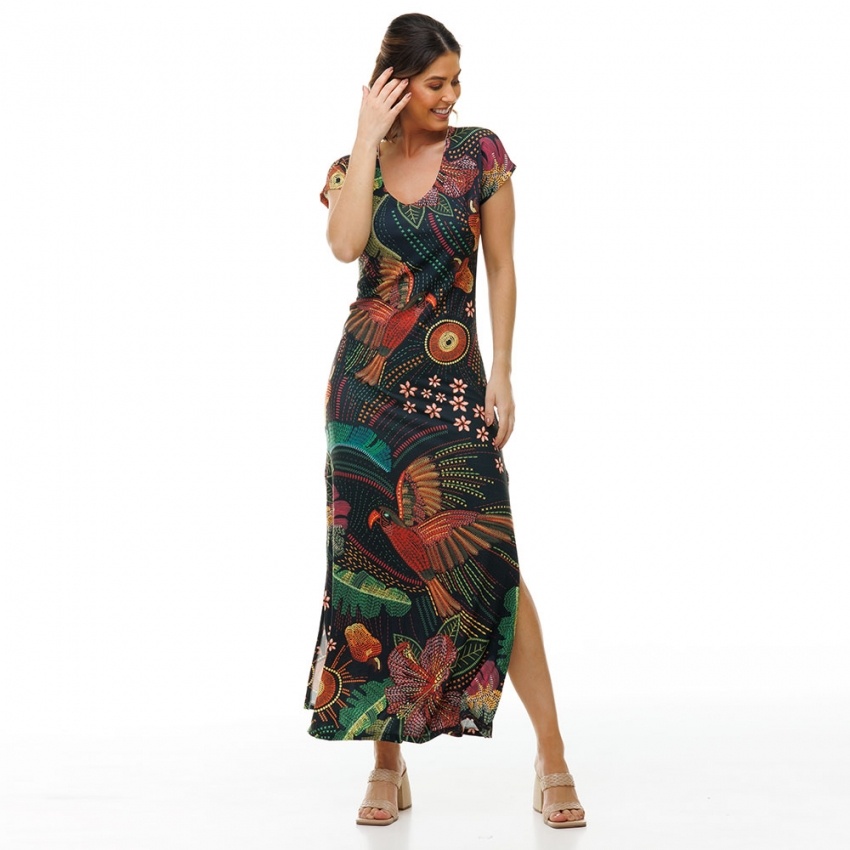 Vestido Longo Jeri Bordados Araras Vestido Longo Jeri Bordados Araras