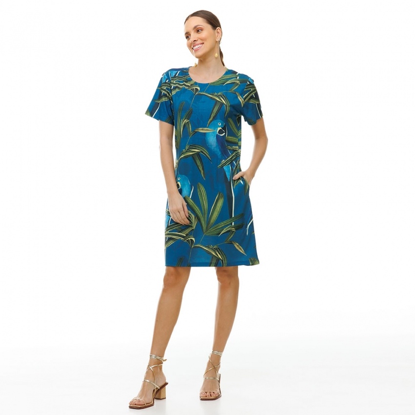 Vestido Floresta Arara Azul e Folhagens Verde