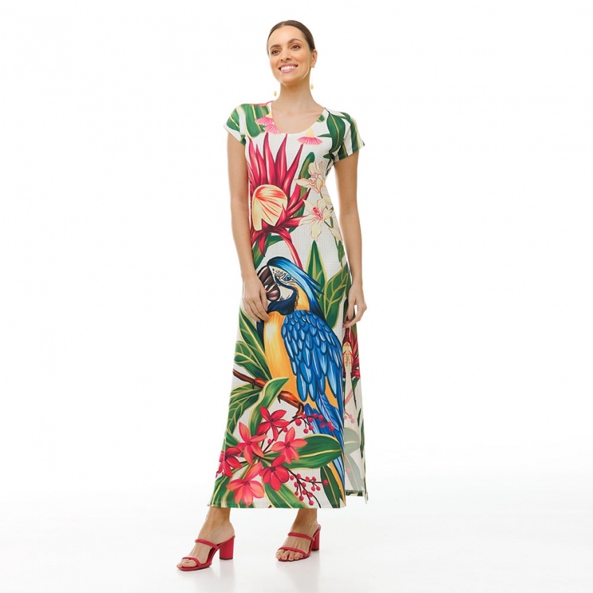 Vestido Longo Jeri Canindé com Flores Pink Vestido Longo Jeri Canindé com Flores Pink