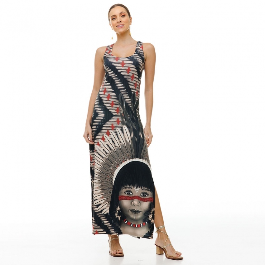 Vestido Hortência Índia Vermelho e Preto Vestido Hortência Índia Vermelho e Preto