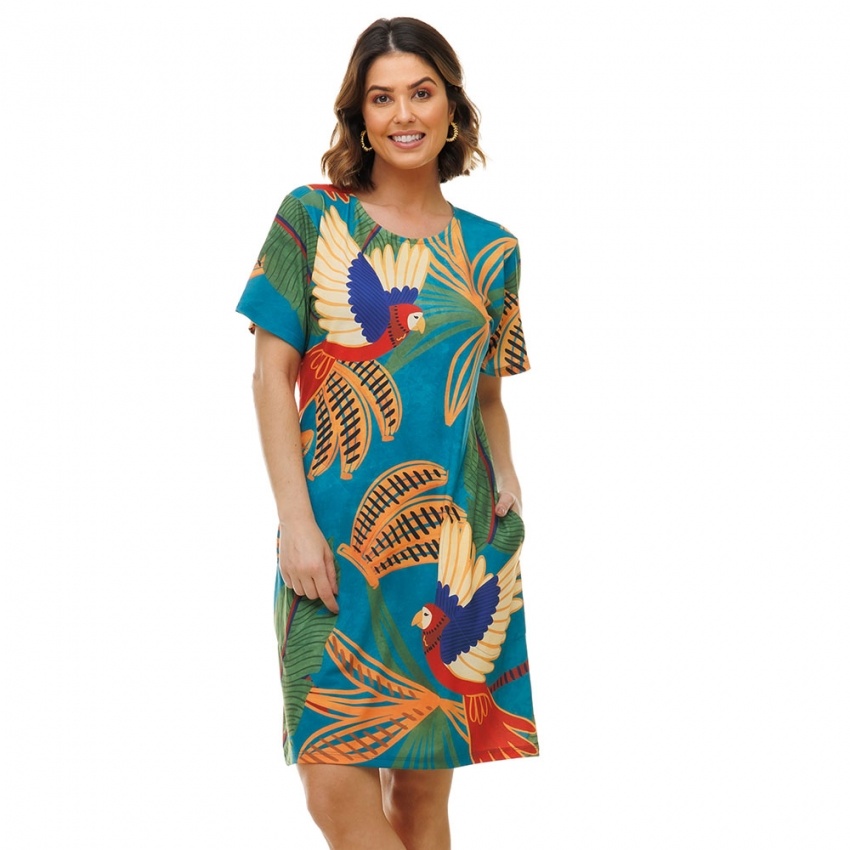 Vestido Floresta Arara e Banana Petróleo Vestido Floresta Arara e Banana Petróleo