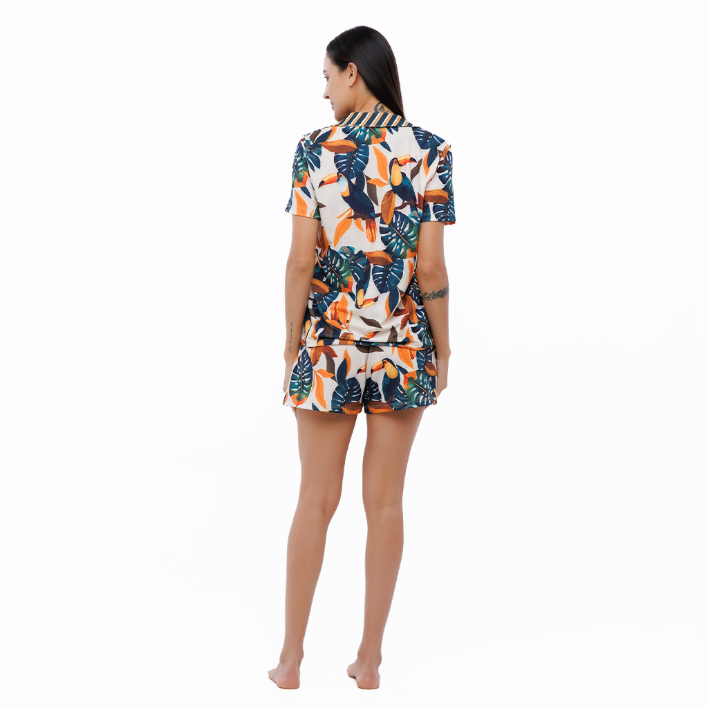 Pijama Feminino Manga Curta Americano Estampado Tucanos Tela Bordada