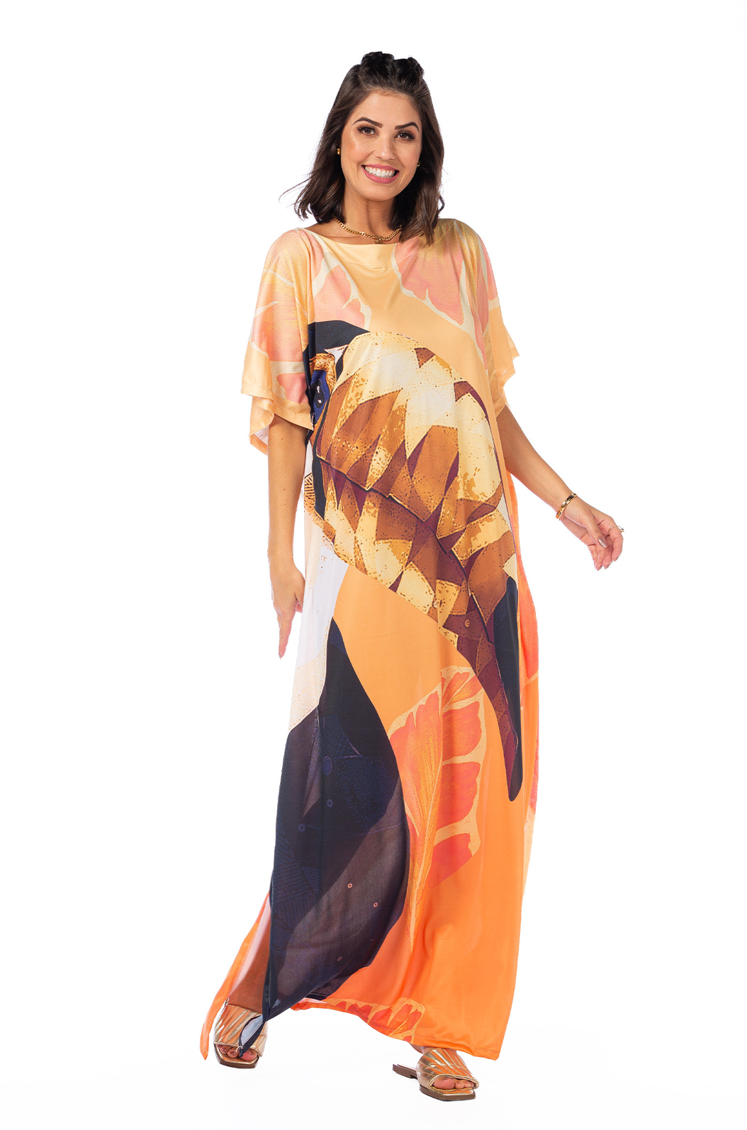 Vestido Feminino Kaftan Hibisco Estampado Tucano Bico Geométrico Vestido Feminino Kaftan Hibisco Estampado Tucano Bico Geométrico