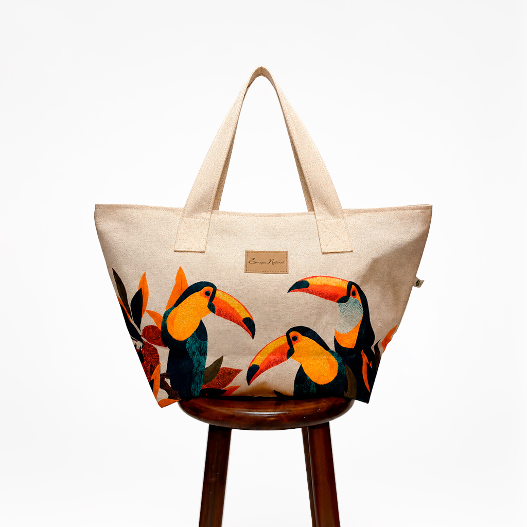 Bolsa Feminina Praia New Estampada Tucanos Tela Bordada