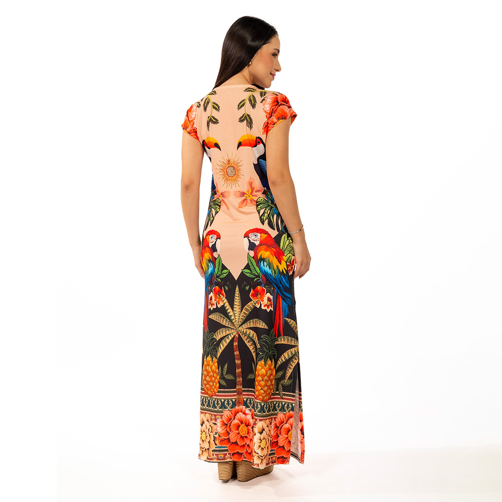 Vestido Longo Jeri Aves Tropicais Barrado Vestido Longo Jeri Aves Tropicais Barrado