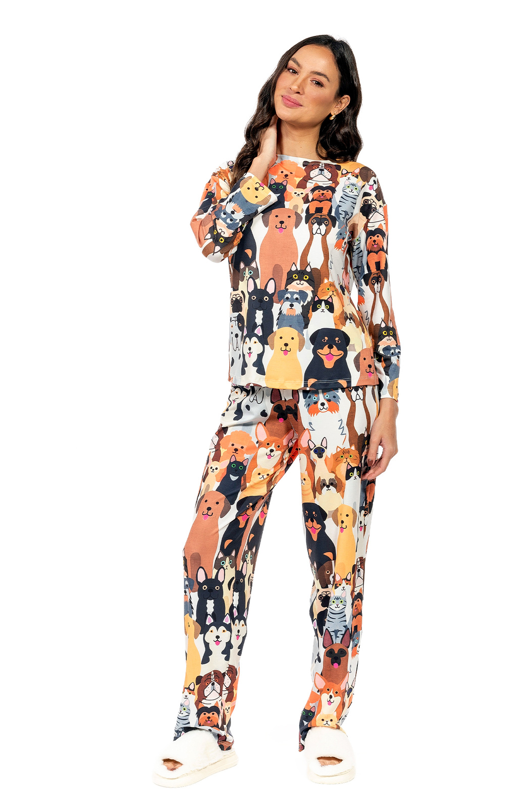 Pijama Feminino Manga Longa Adulto Estampado Rapport Cachorrinhos