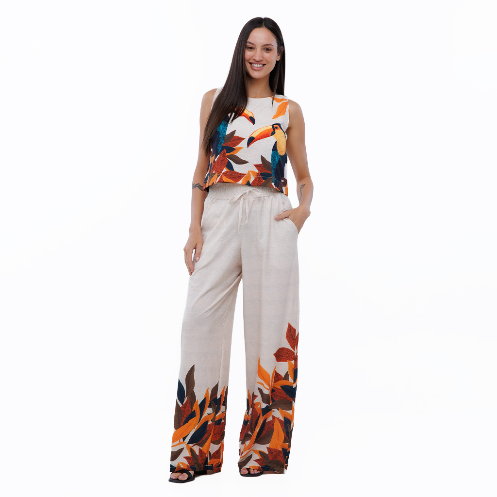 Calça Feminina Ampla Atena Estampada Tucanos Tela Bordada