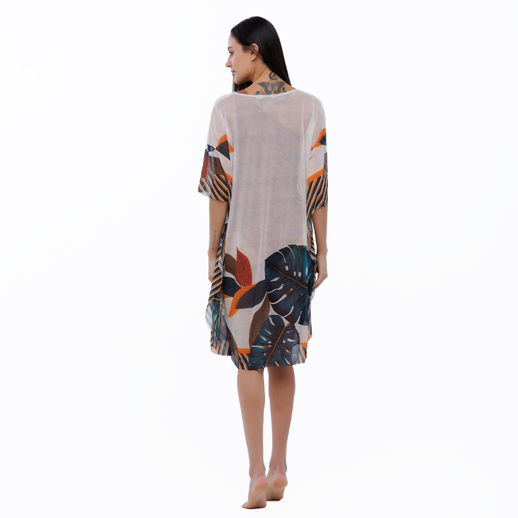 Saída de Praia Feminina Kaftan Tule Maré Estampada Tucanos Tela Bordada