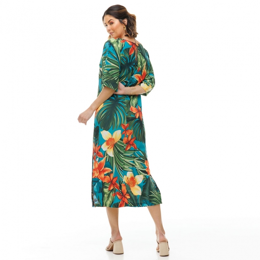 Kaftan Atena Tucano e Flores Turquesa Kaftan Atena Tucano e Flores Turquesa
