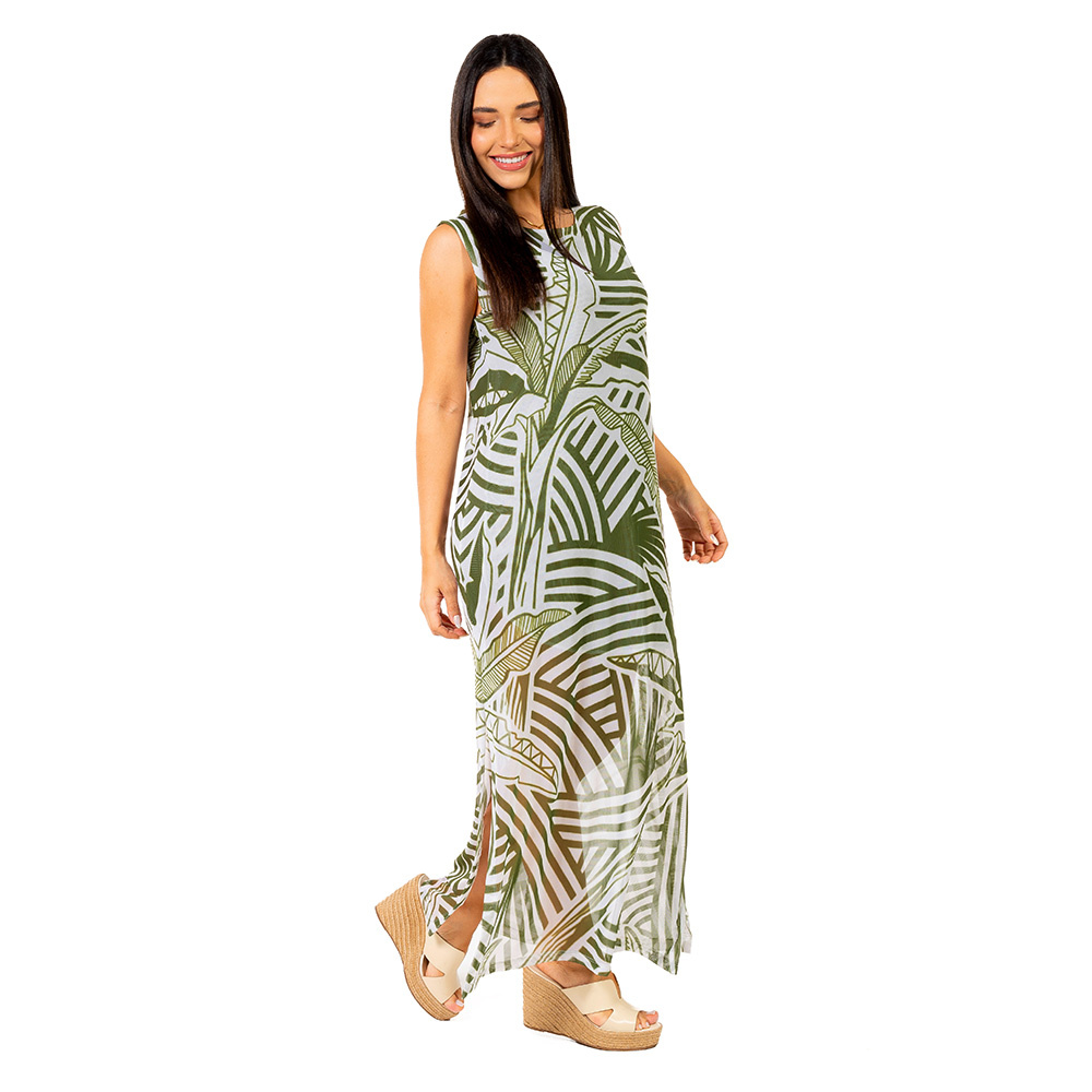 Vestido Estampado Tule Maré Bananeiras Vetor Vestido Estampado Tule Maré Bananeiras Vetor