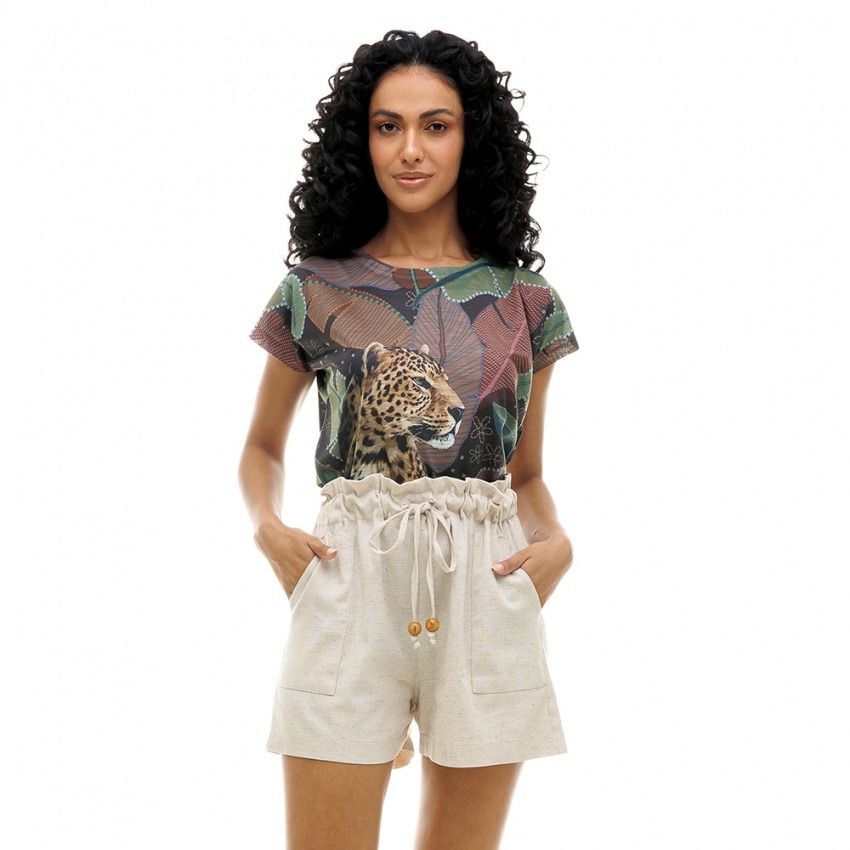 Blusa Jasmim Onça com Folhas Coloridas e Barrado Marrom Blusa Jasmim Onça com Folhas Coloridas e Barrado Marrom