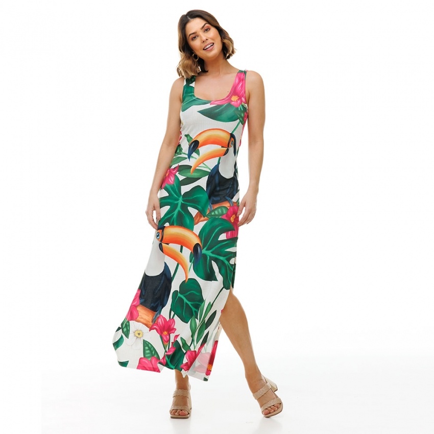 Vestido Hortência Tucano e Flores Pink Vestido Hortência Tucano e Flores Pink