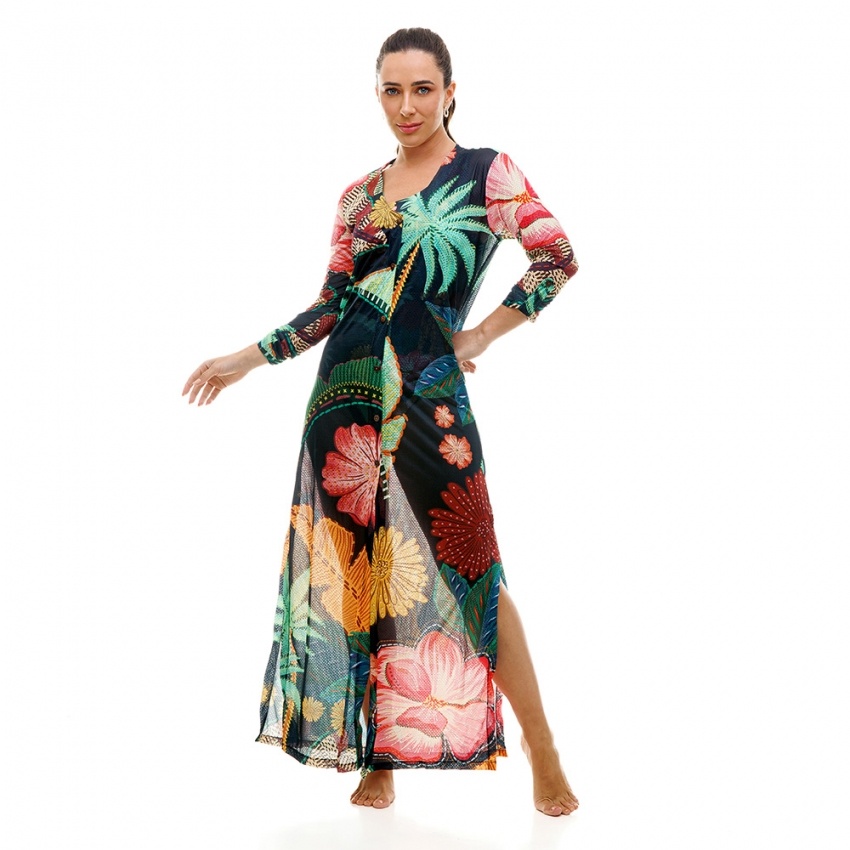 Saída de Praia Trancoso Onça Folhas Tropicais Fundo Escuro Saída de Praia Trancoso Onça Folhas Tropicais Fundo Escuro