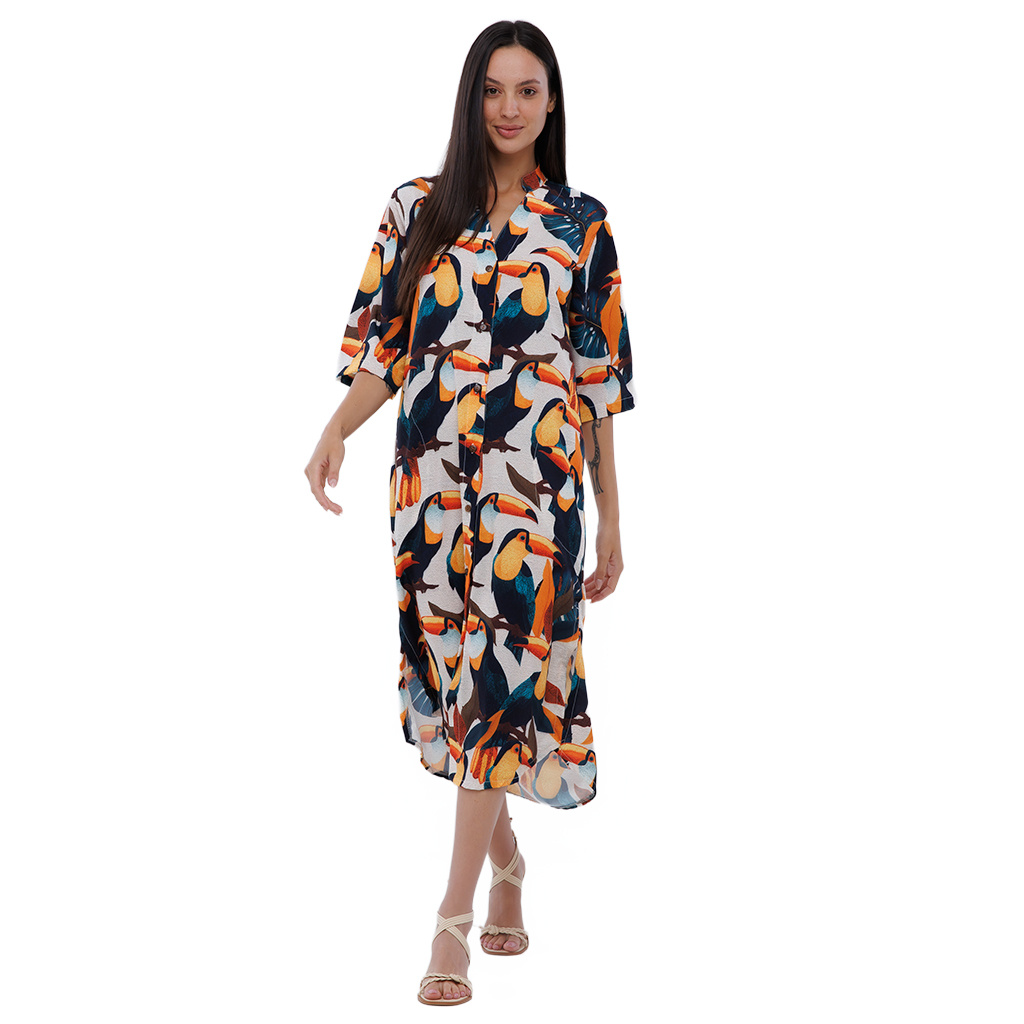 Vestido Feminino Chemise Atena Gola Padre Estampado Tucanos Tela Bordada